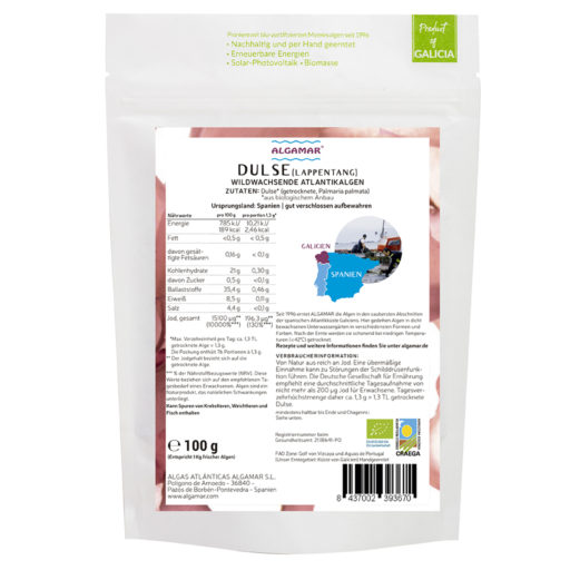 Produktfoto Algamar Dulse Algen (Lappentang) 100g Packung Rückseite